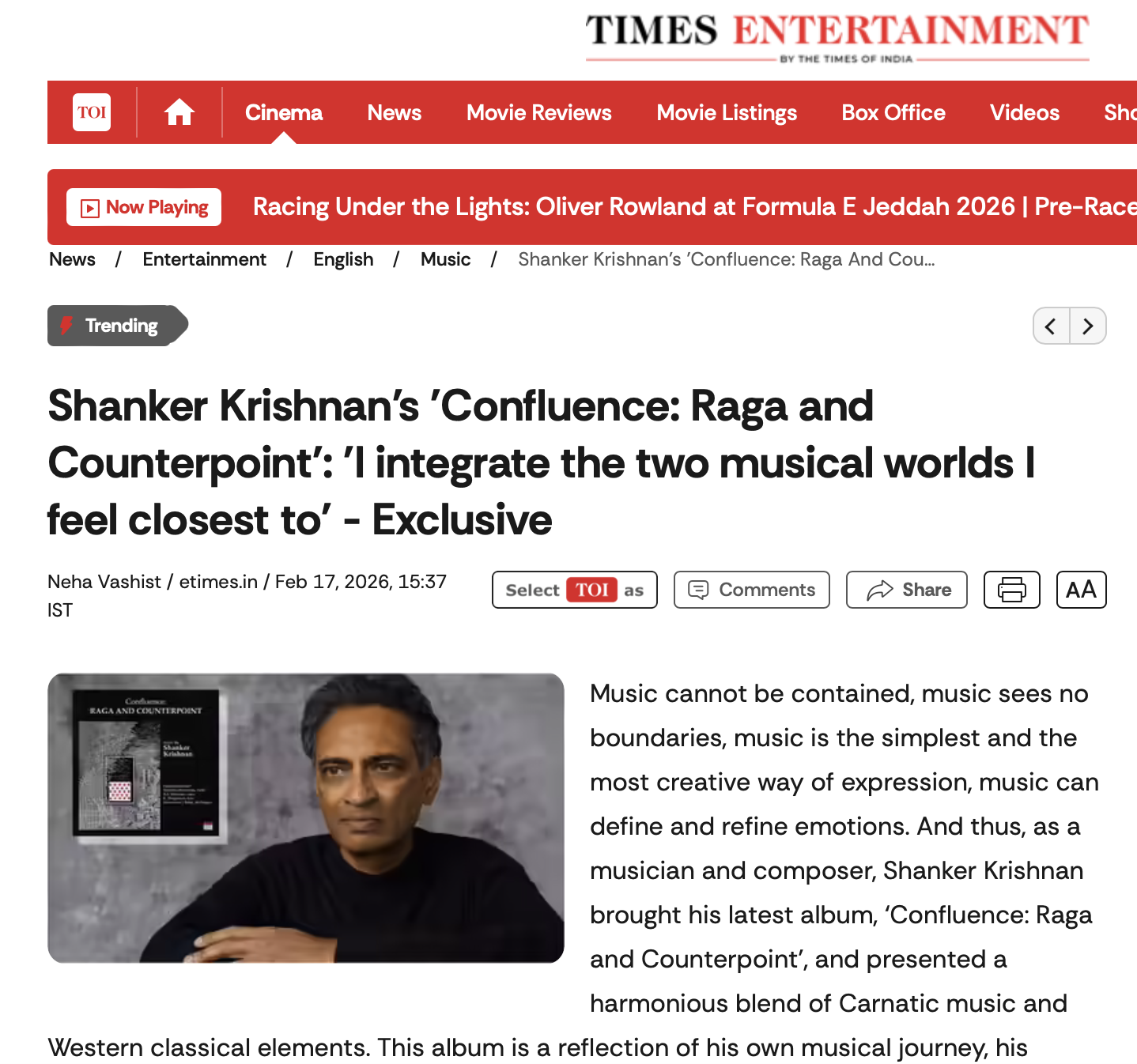 The Times of India: Shanker Krishnan’s ‘Confluence: Raga and Counterpoint’: ‘I integrate the two musical worlds I feel closest to’
